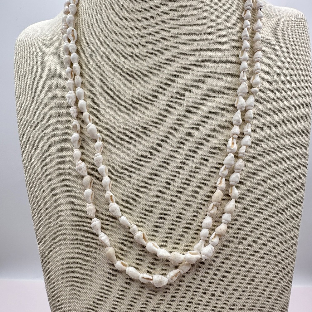 Vintage 90s Boho White Seashell Double Strand Necklace Beach Women's Jewelry - Picture 4 of 10